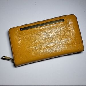 Fossil Mustard Leather  Zip-Around Wallet With Gold Metal Accents
